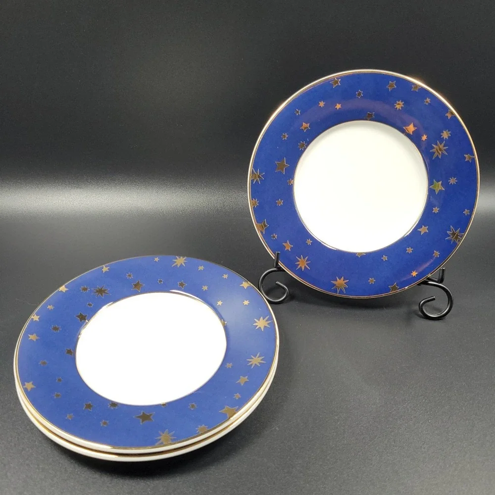 Sakura Galaxy Bread & Butter Plate 14K Gold‎ Stars Blue Trim Holiday Table Lot